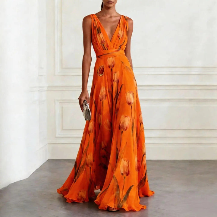 Woman gracefully wearing a long floral V-neck wrap maxi dress, showcasing elegant spring and summer fashion.