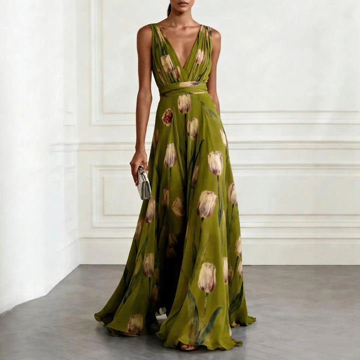 Side view of a women's elegant V-neck wrap floral maxi dress, ideal for summer fashion and party wear.