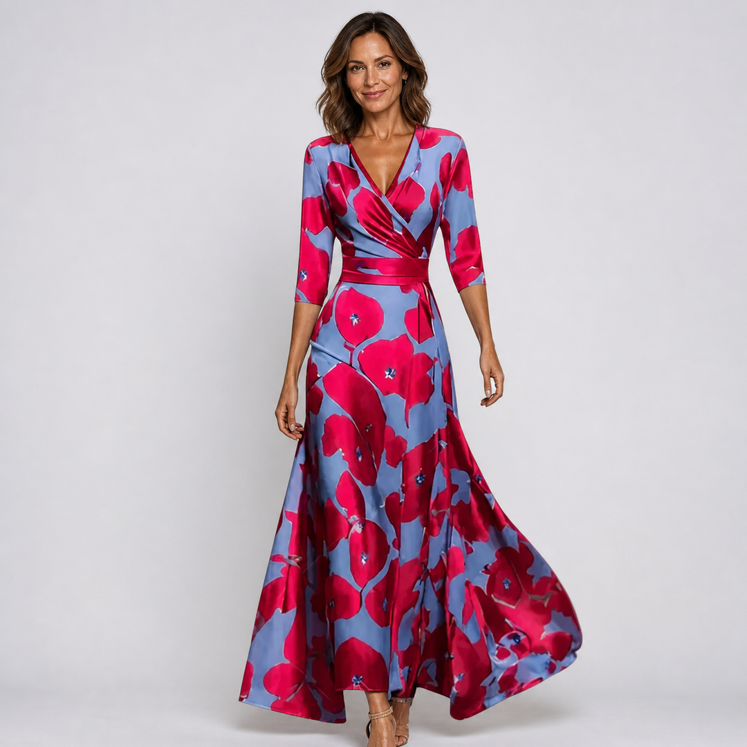 Stylish women's floral wrap maxi dress. Flowy V-neck design, perfect for parties, summer wear, or vacation.