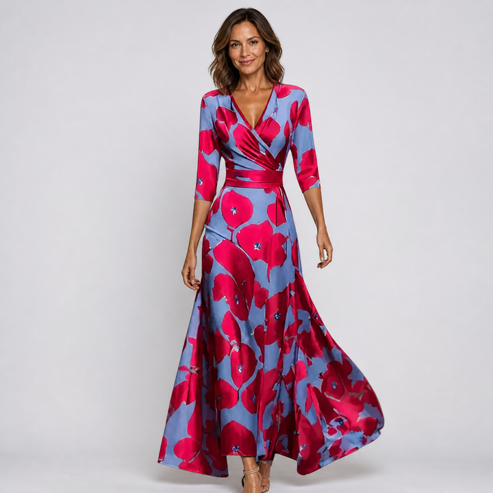 Stylish women's floral wrap maxi dress. Flowy V-neck design, perfect for parties, summer wear, or vacation.