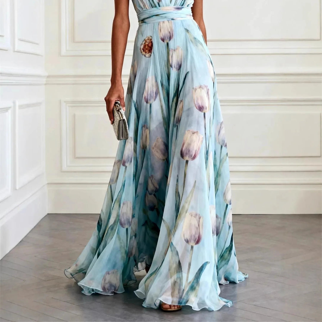 Stylish V-neck wrap floral maxi dress for women, suitable for elegant party events and spring summer style.