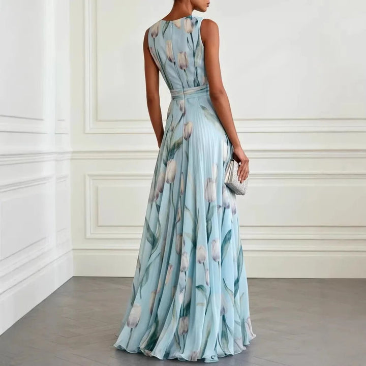 Vibrant floral print on an elegant V-neck wrap long maxi dress, a perfect choice for spring and summer events.
