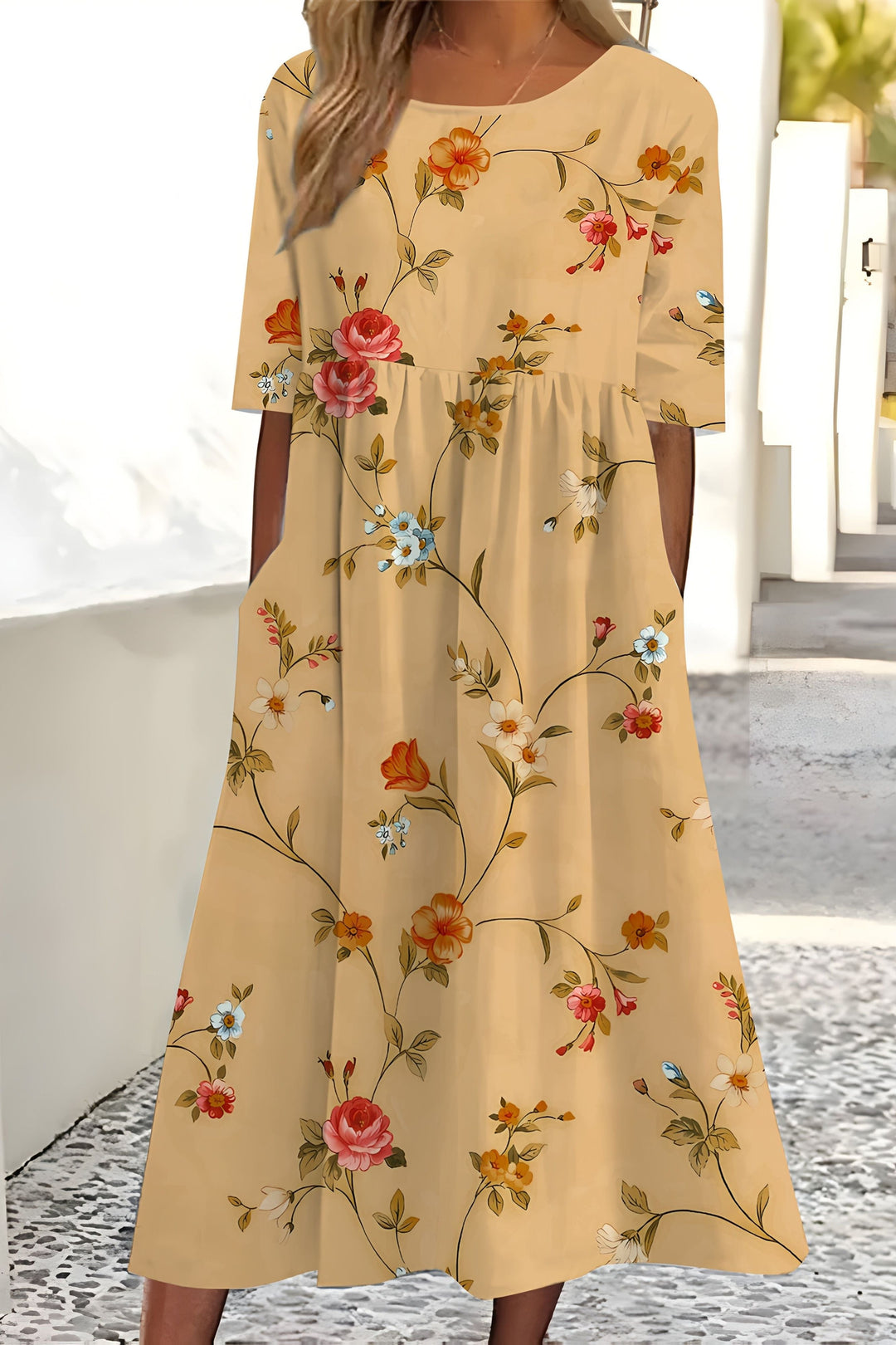 Elegant women's floral wrap midi dress, perfect for spring & summer occasions. Versatile party or casual wear.
