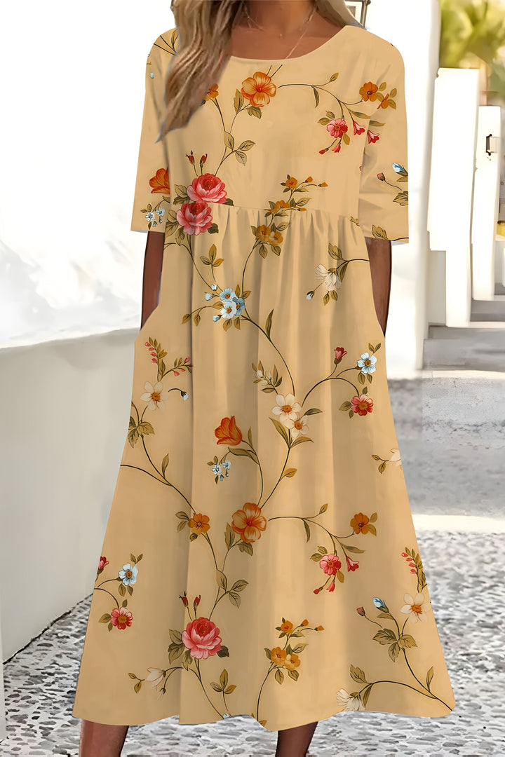 Elegant women's floral wrap midi dress, perfect for spring & summer occasions. Versatile party or casual wear.