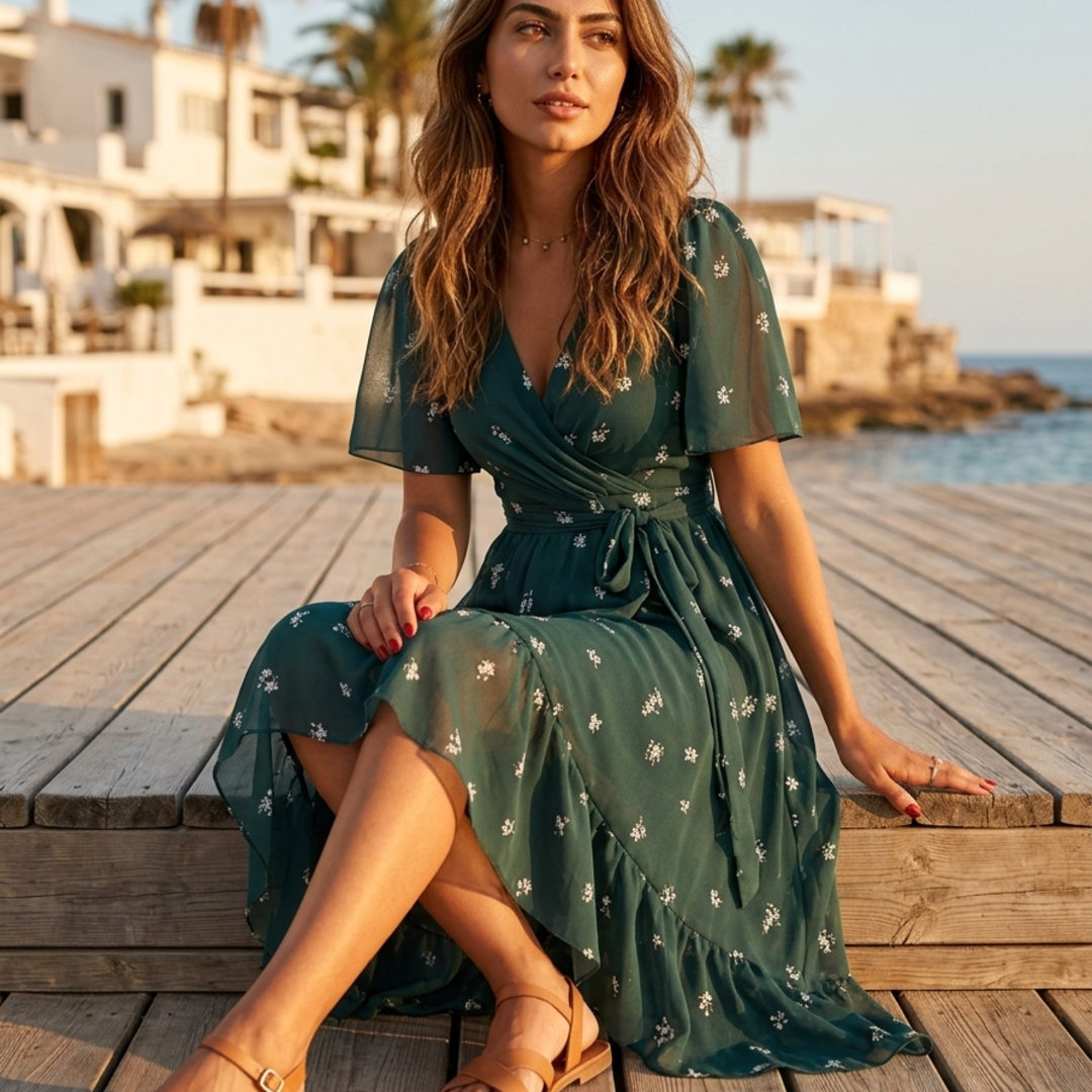 Chic floral print wrap midi dress for women, featuring feminine flutter sleeves & flattering silhouette.