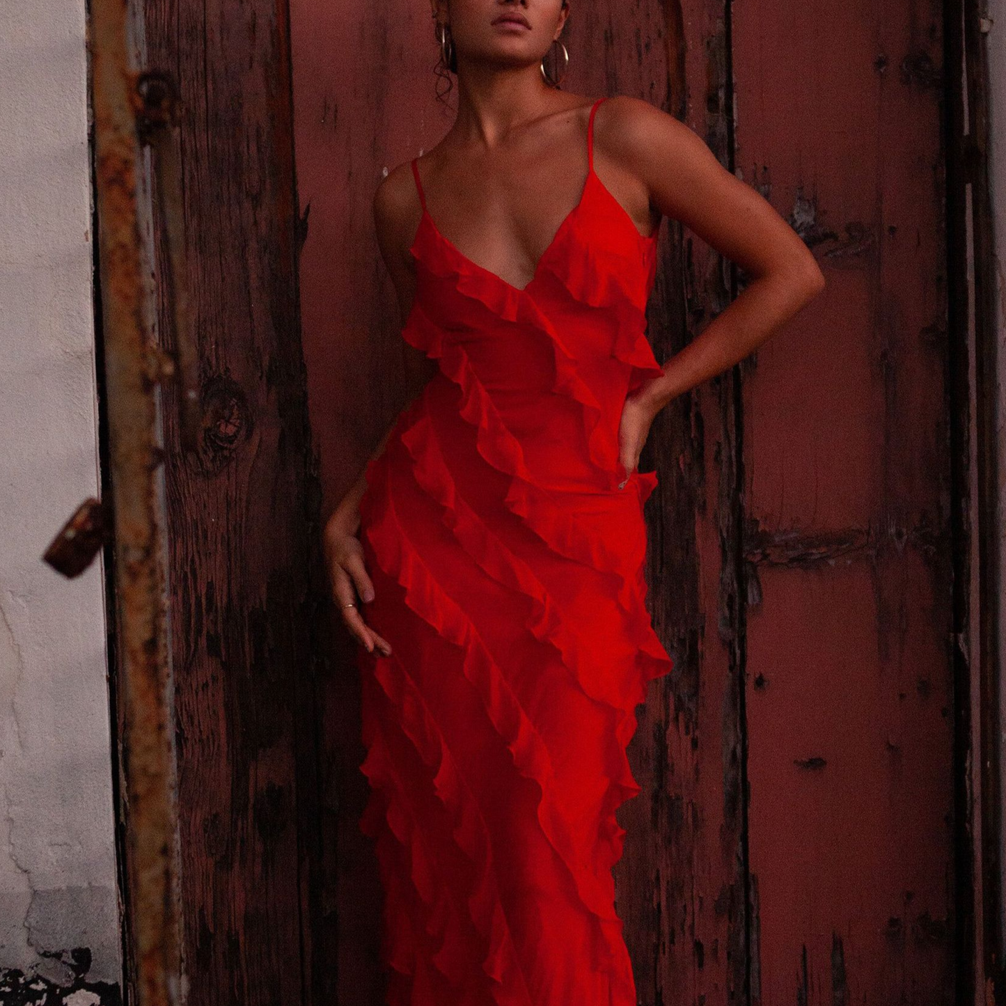 Stunning red flowing maxi dress for women, ideal for elegant evening & party events.