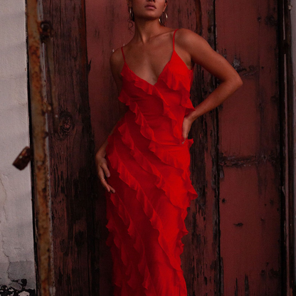 Stunning red flowing maxi dress for women, ideal for elegant evening & party events.