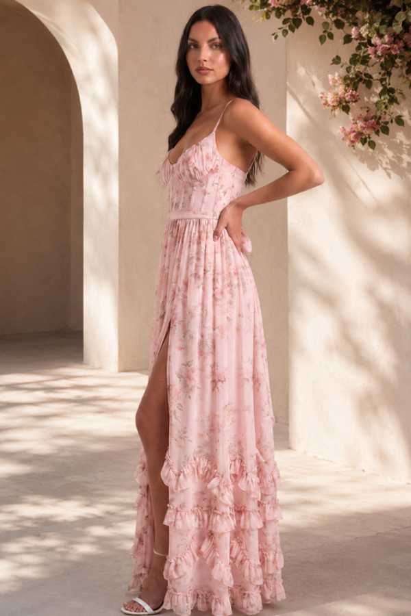 Elegant pink maxi event dress for women, a flowing design perfect as a party or formal gown.