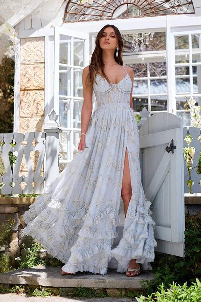Formal women's flowing maxi dress, an elegant evening gown for special occasions & parties.