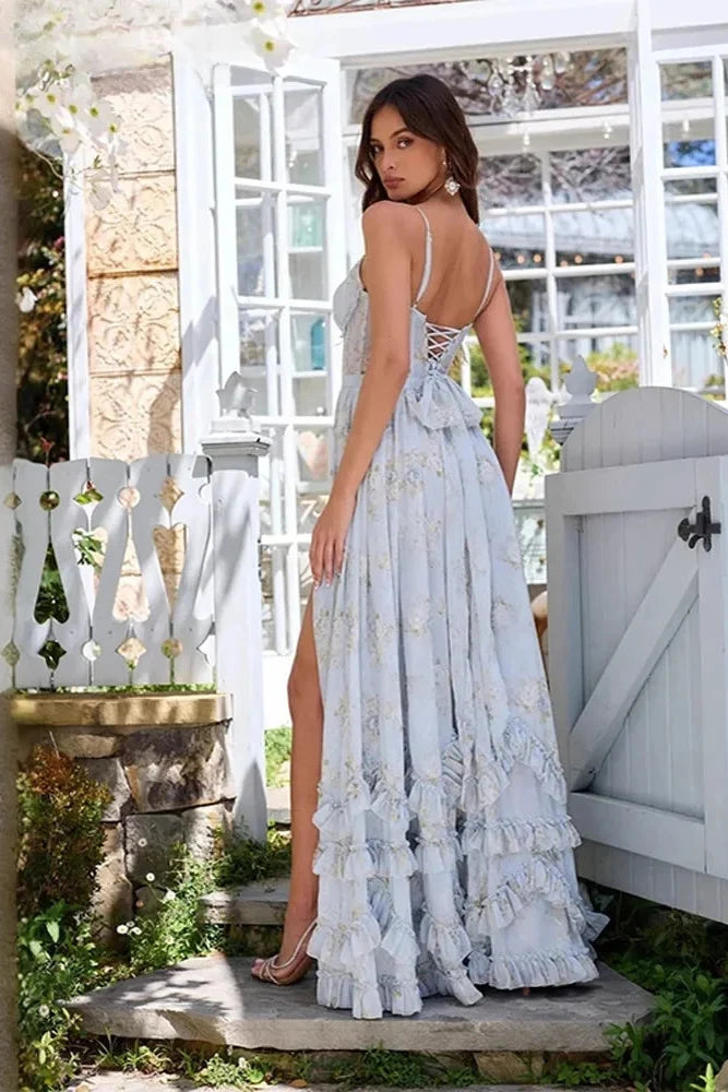 Women's elegant flowing maxi gown, a sophisticated dress for formal events and evening parties.