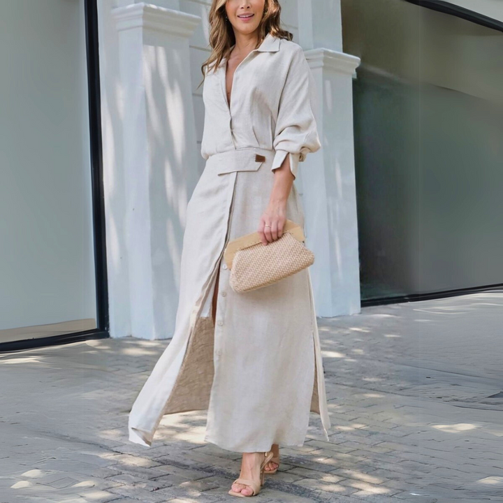 Elegant women's flowing V-neck maxi dress, perfect for summer casual or vacation wear.