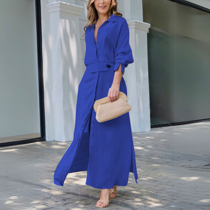 Chic women's V-neck flowing maxi dress, ideal as a casual summer dress or elegant vacation beachwear.