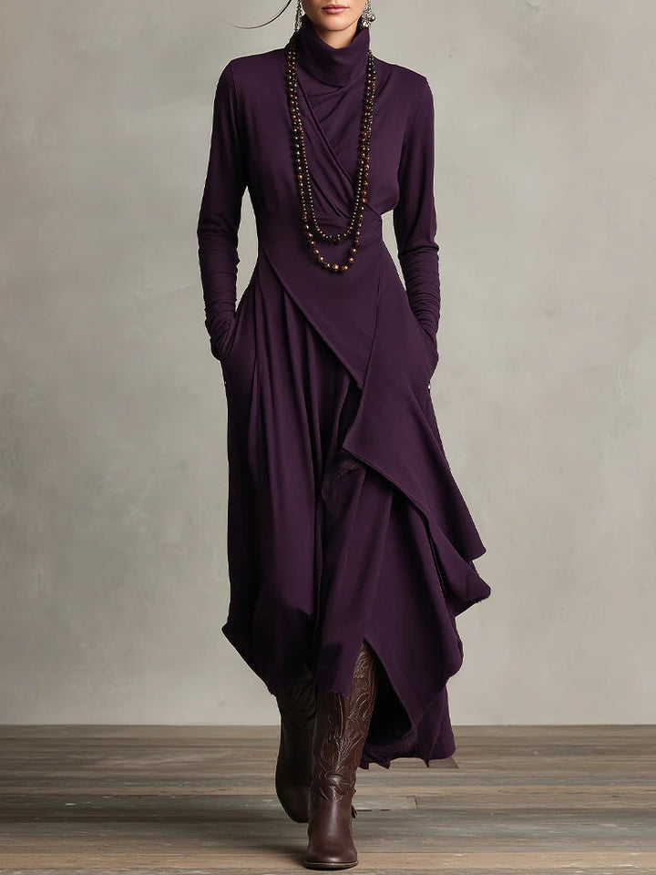 Elegant women's flowy draped maxi dress with long sleeves, perfect for sophisticated evening events or parties.