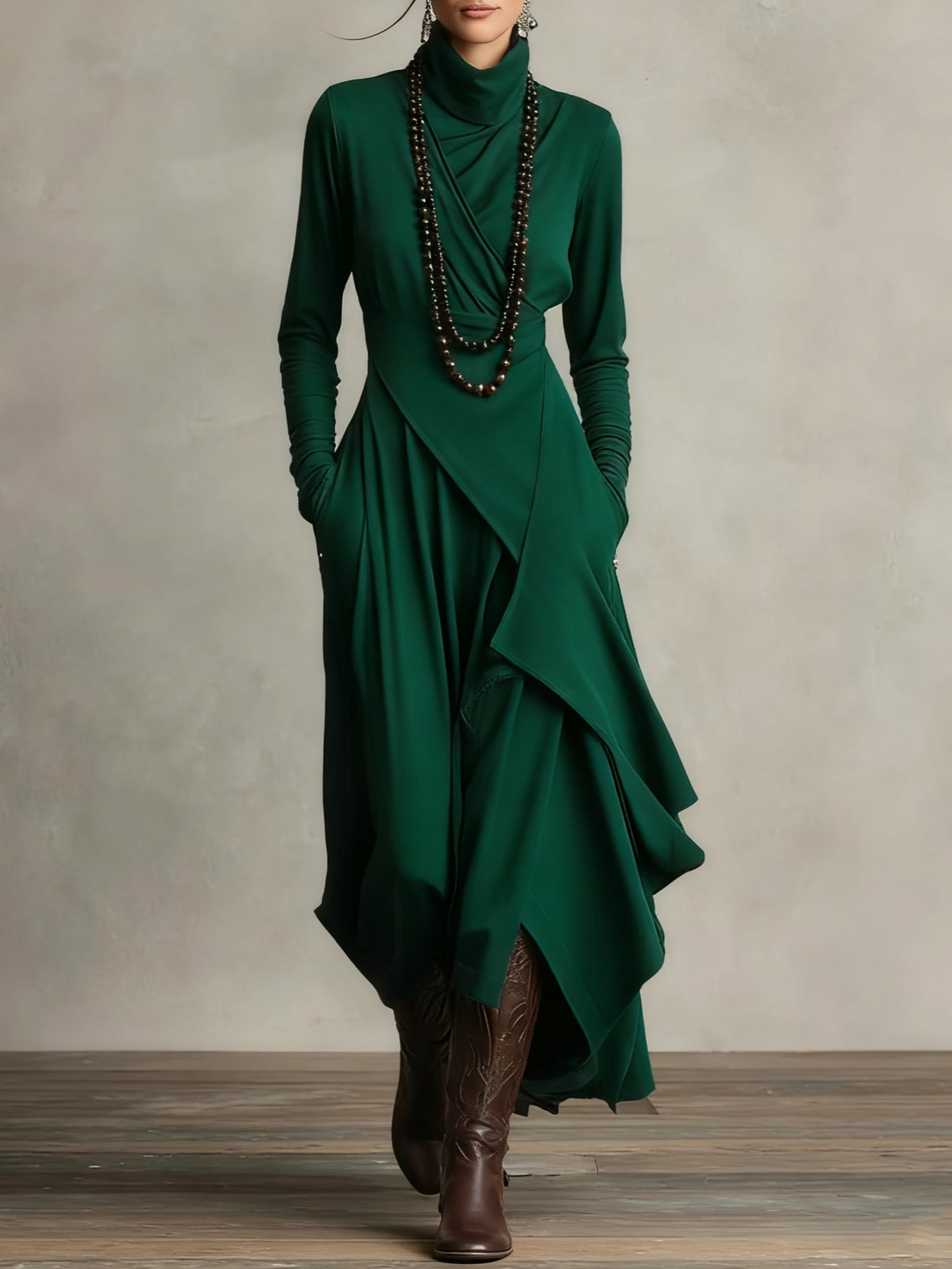 Simple yet elegant women's draped maxi dress, long-sleeved, offering sophisticated flowy style and comfort.