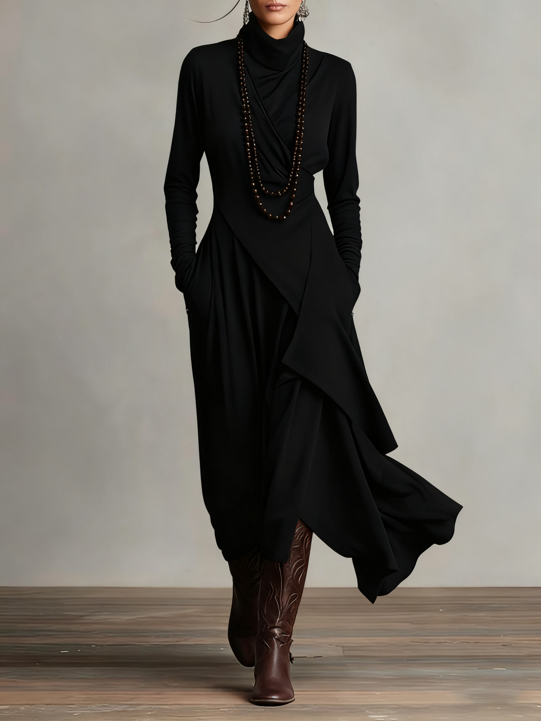 Elegant women's evening gown, a sophisticated flowy draped maxi dress with long sleeves for chic occasions.