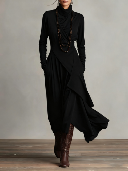 Elegant women's evening gown, a sophisticated flowy draped maxi dress with long sleeves for chic occasions.