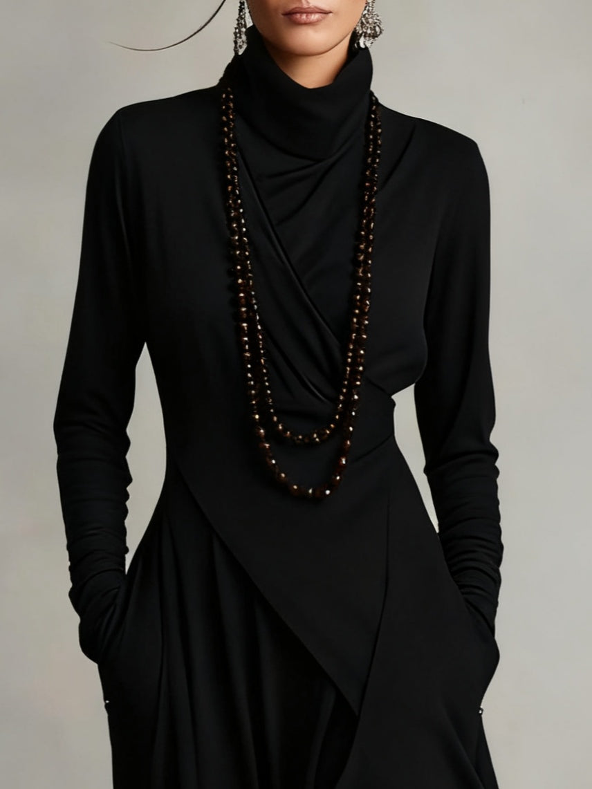 Sophisticated women's party dress: a flowy, draped long sleeve maxi dress offering elegant and comfortable style.