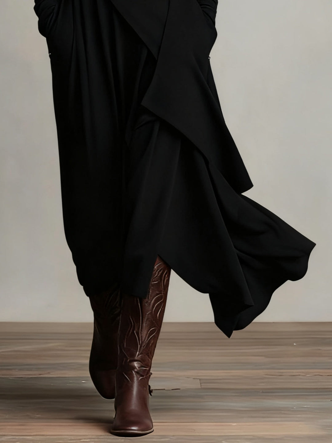 Women's elegant flowy maxi dress, featuring a sophisticated draped design and comfortable long sleeves.