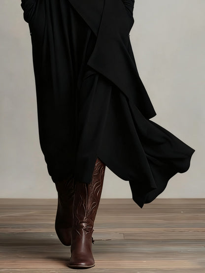 Women's elegant flowy maxi dress, featuring a sophisticated draped design and comfortable long sleeves.
