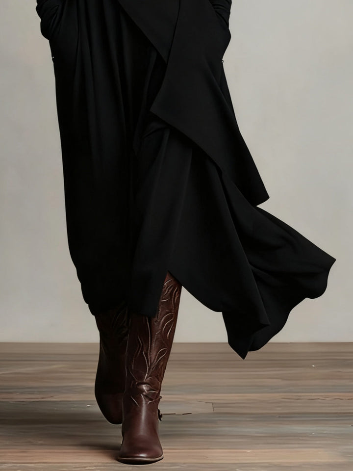 Women's elegant flowy maxi dress, featuring a sophisticated draped design and comfortable long sleeves.