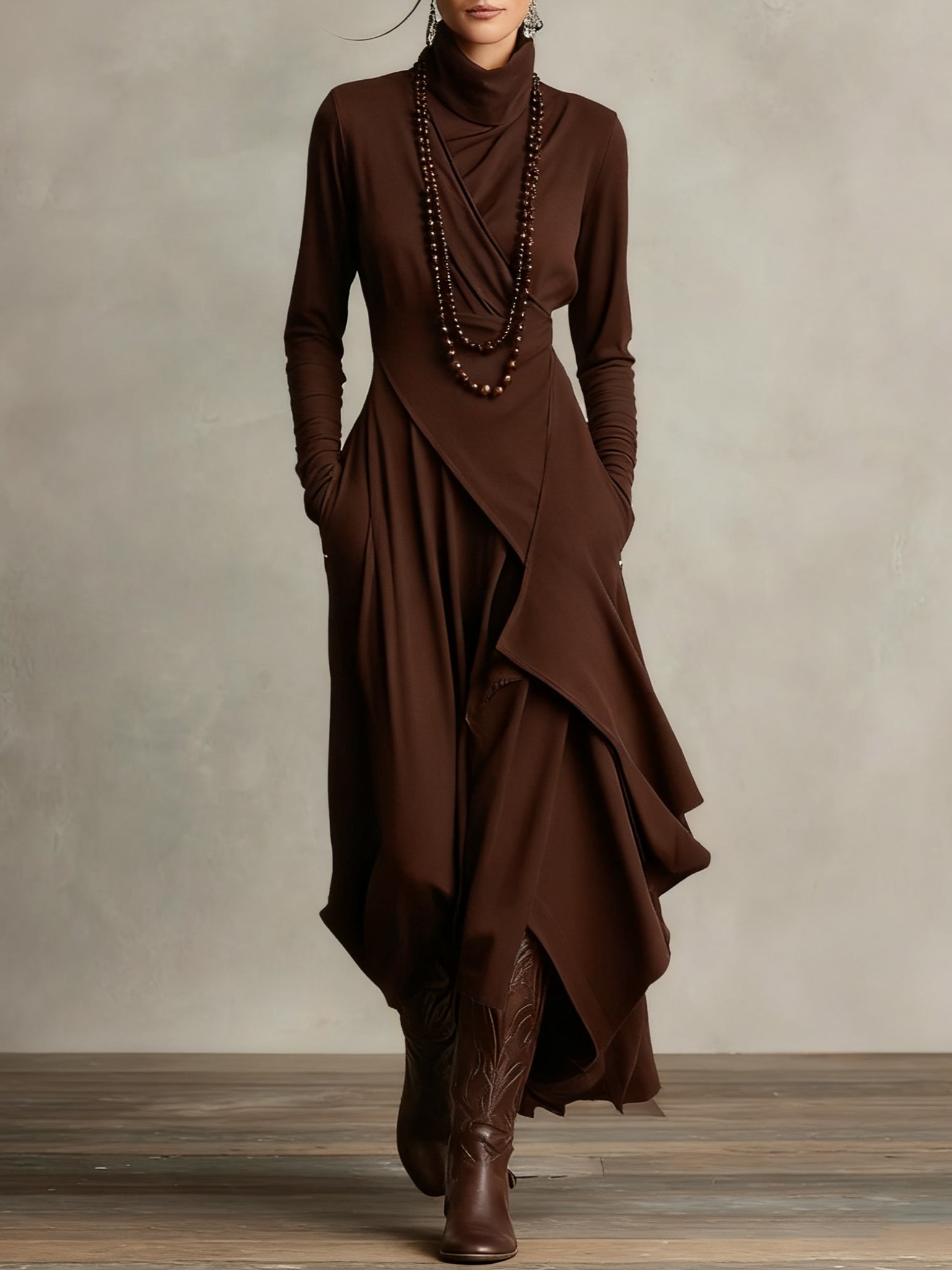 Chic women's draped long sleeve maxi dress, a flowy and elegant choice for modern sophisticated style.