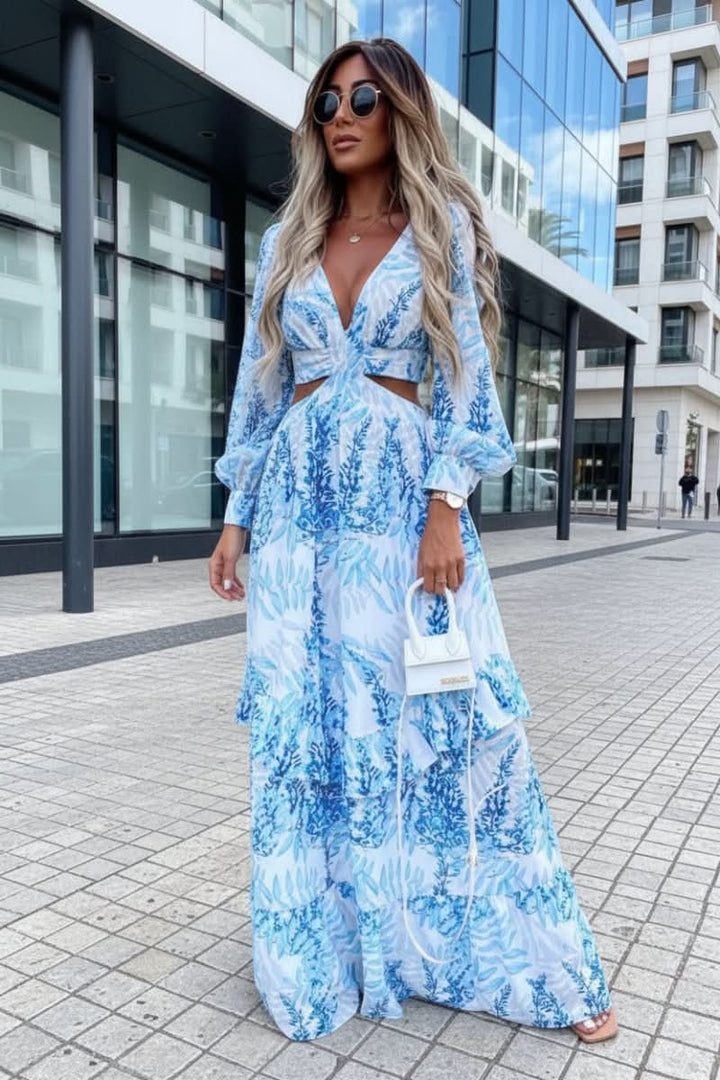 Full-length view of an elegant women's flowy maxi dress, perfect for summer, vacation, and evening wear.