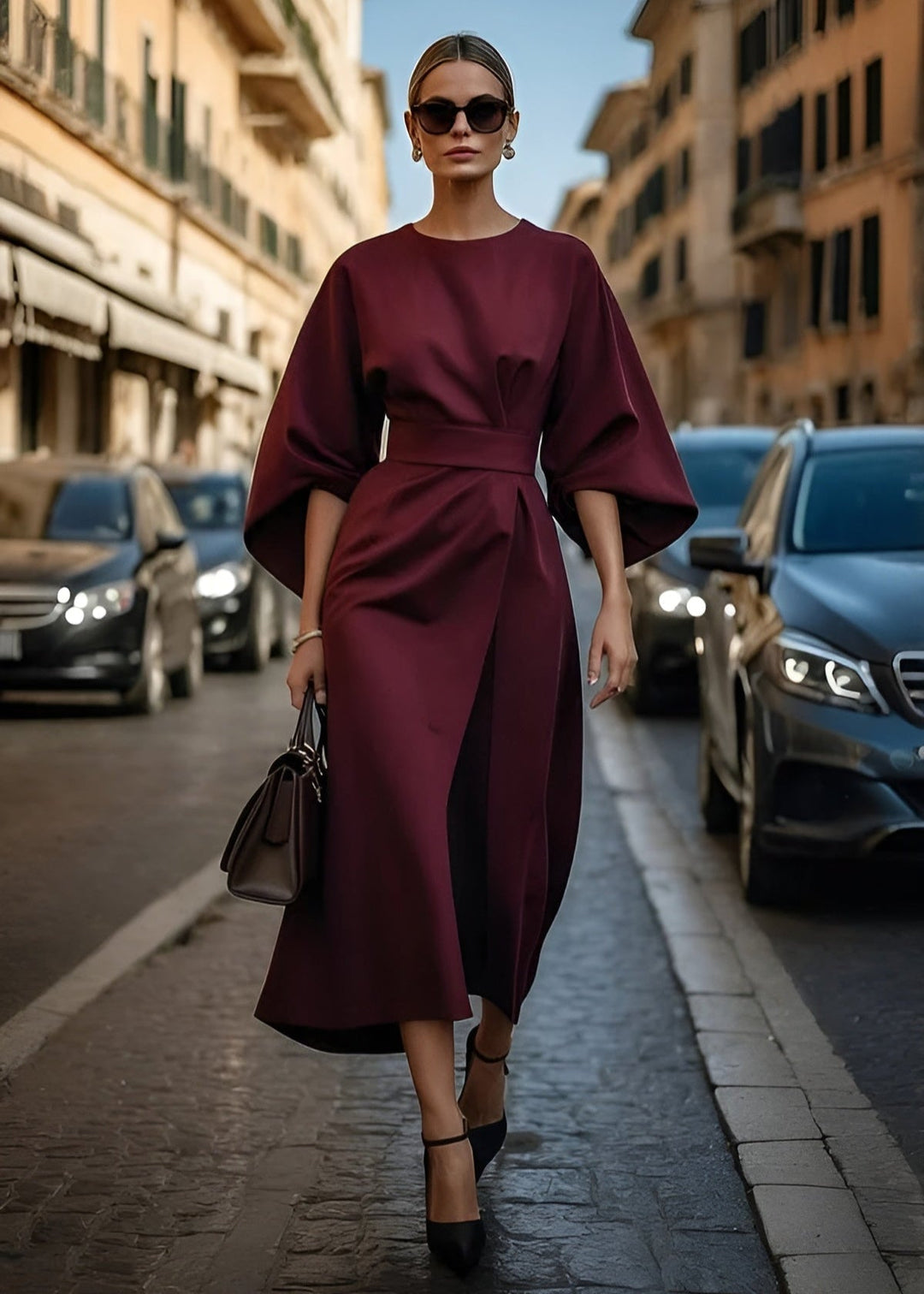 Elegant women's flowy maxi dress with a flattering belt, perfect for summer evenings or versatile casual wear.