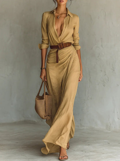 Elegant women's flowy maxi dress with a V-neck, perfect for versatile spring and summer fashion.