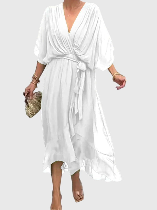 Stylish V-neck flowy maxi dress for women, suitable for formal events or casual elegance.