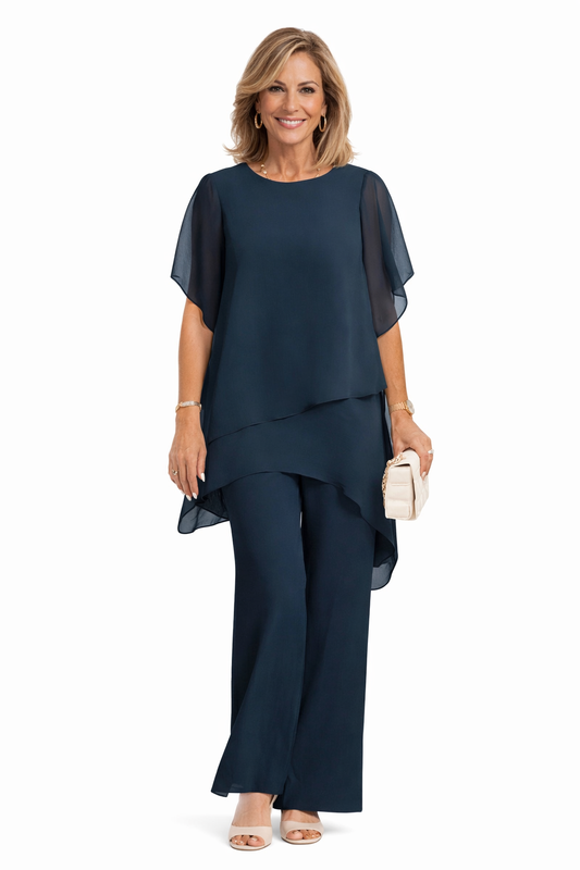 Elegant women's flowy two-piece set with wide-leg pants and matching top, perfect for a chic and comfortable outfit.