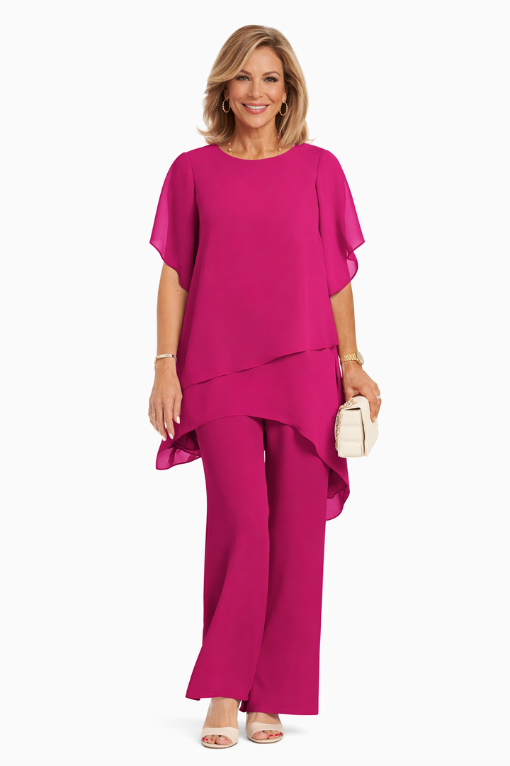 Stylish women's elegant flowy two-piece set with a loose top and comfortable wide-leg pants for a chic look.