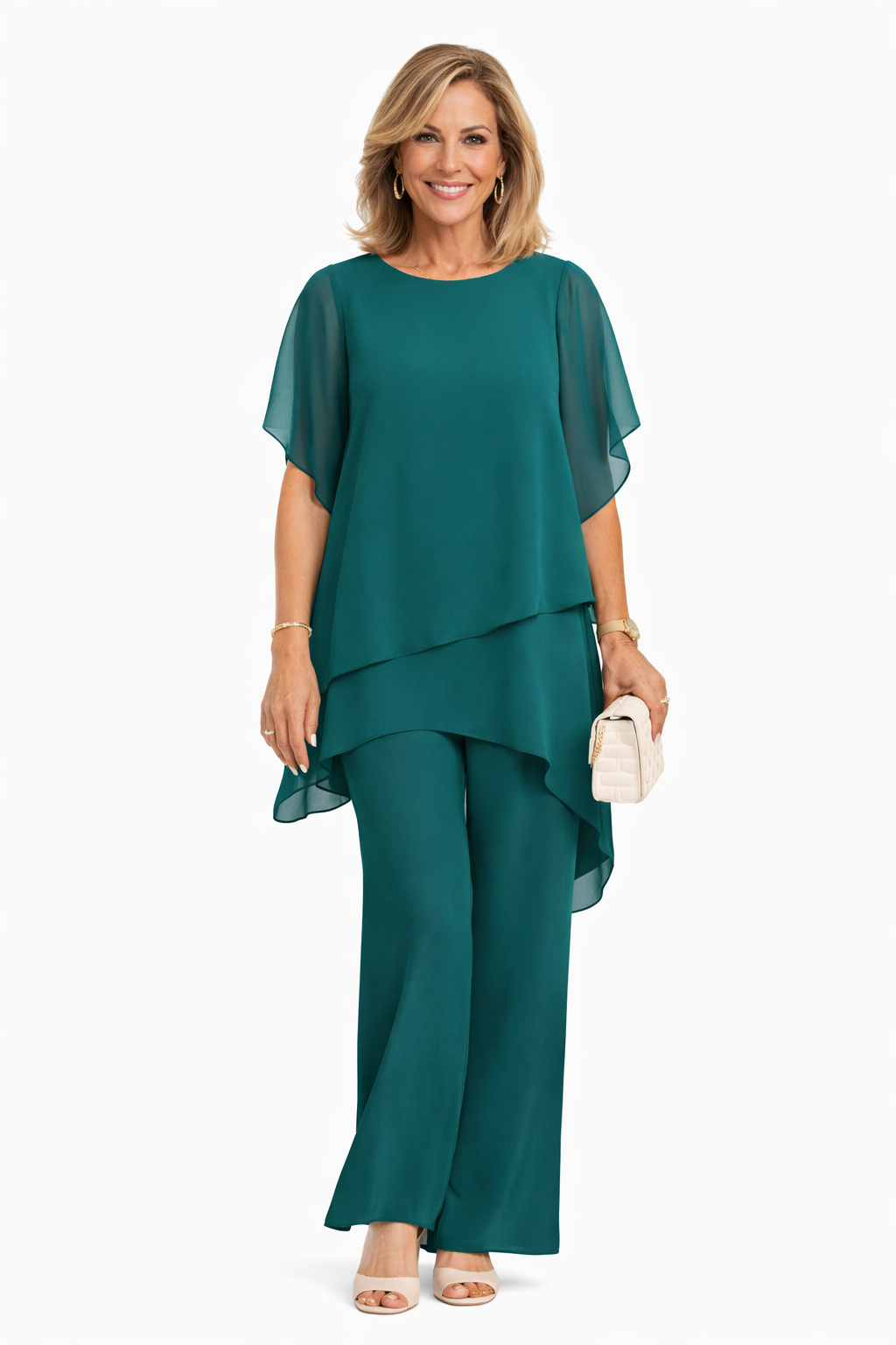 Versatile women's flowy two-piece outfit; includes an elegant top and wide-leg pants, ideal for comfort & style.