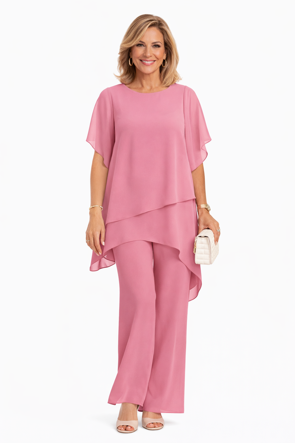 Women's elegant flowy two-piece set, a chic and comfortable outfit with a draped top and wide-leg trousers.