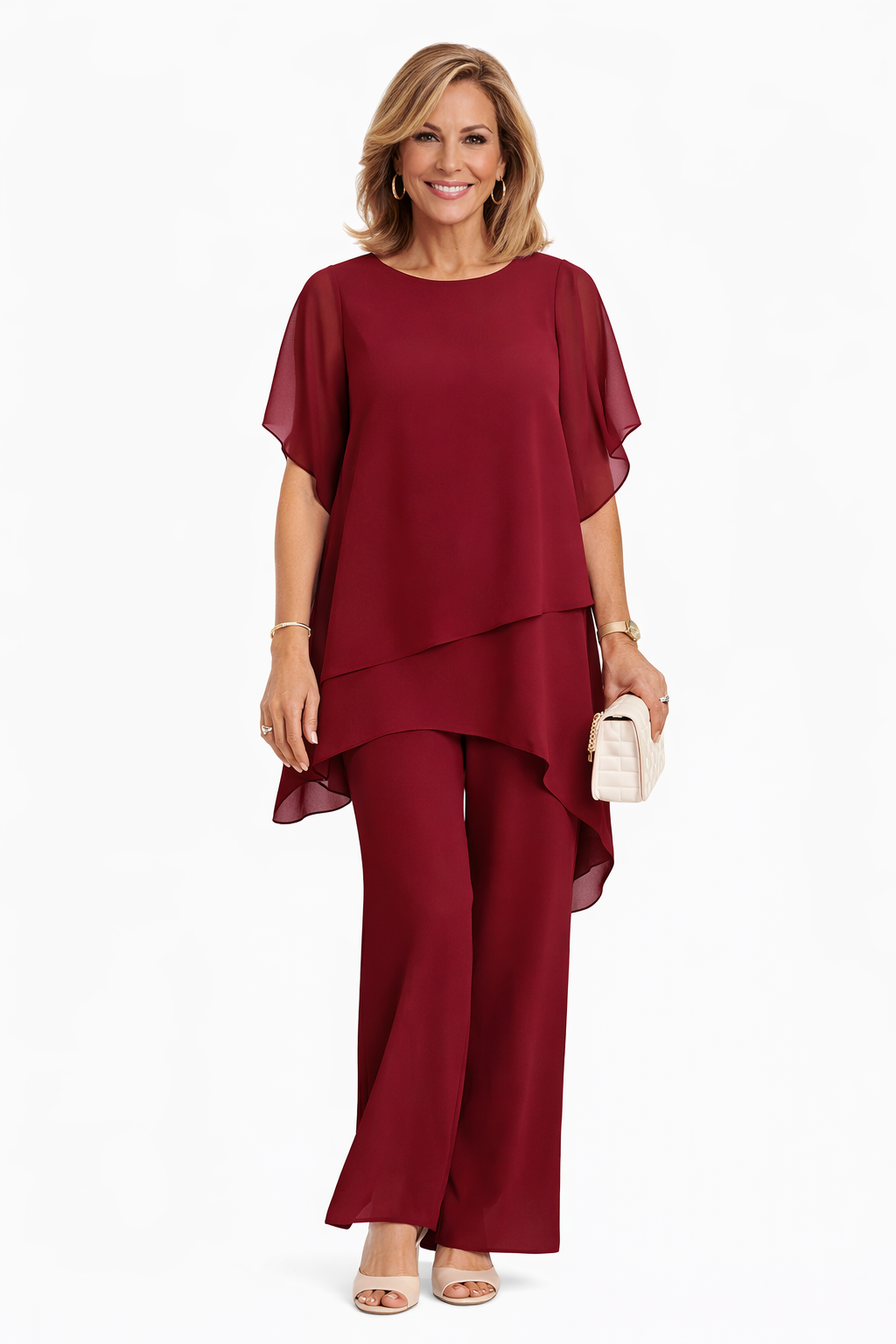 Sophisticated women's two-piece set: a flowy top and wide-leg pants for an elegant, comfortable, and versatile look.
