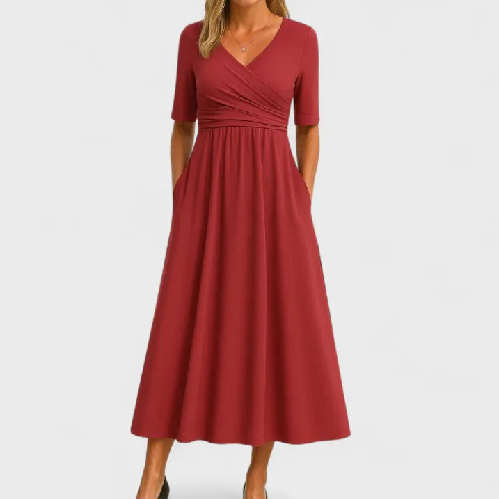 Elegant women's flowy V-neck midi dress, perfect for wedding guests, parties & special occasions.