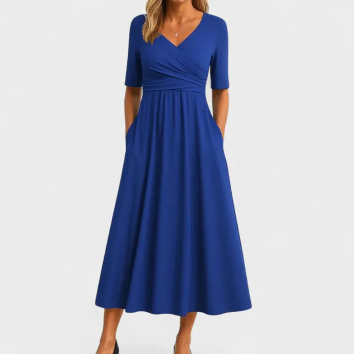 Stylish V-neck midi dress for women, featuring a flowy silhouette, ideal for formal and summer events.