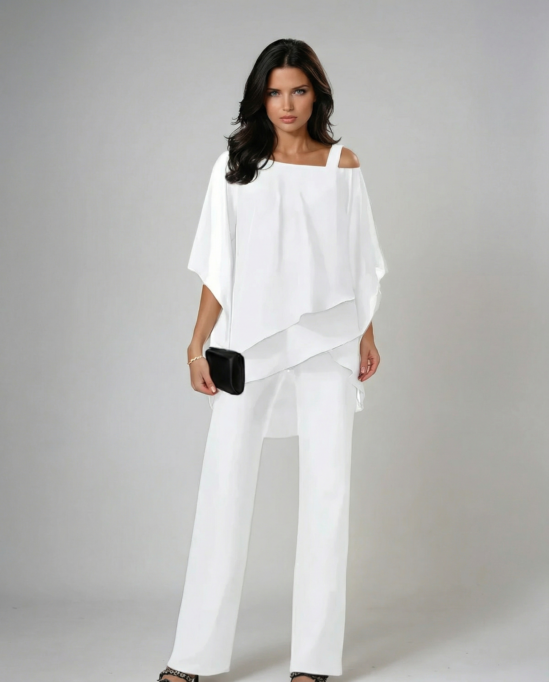 Elegant women's fluid two-piece set with asymmetric top & wide leg pants. Perfect for casual resort wear.