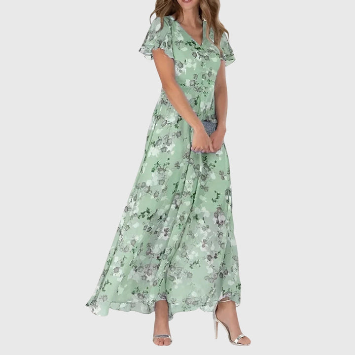Flowy A-line women's flutter sleeve maxi dress, a chic V-neck evening dress for effortless style.