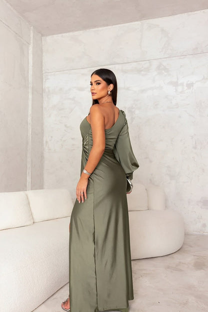 Modest sleeved women's formal maxi dress, elegant for special occasions & evening parties.