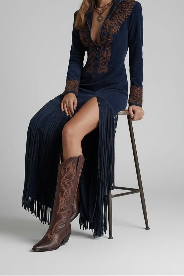 Luxe western style fringe maxi dress for women; an elegant evening gown & statement party dress.