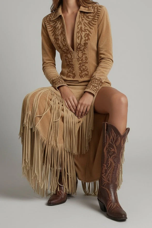 Long women's fringe maxi dress, elegant for summer festivals, parties & evening wear.
