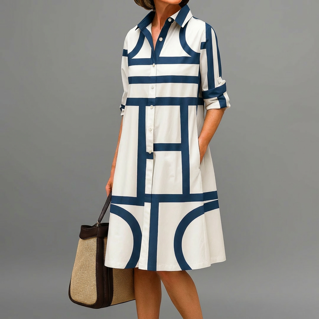 Elegant women's geometric print A-line midi dress with shirt collar, perfect for sophisticated casual or workwear style.