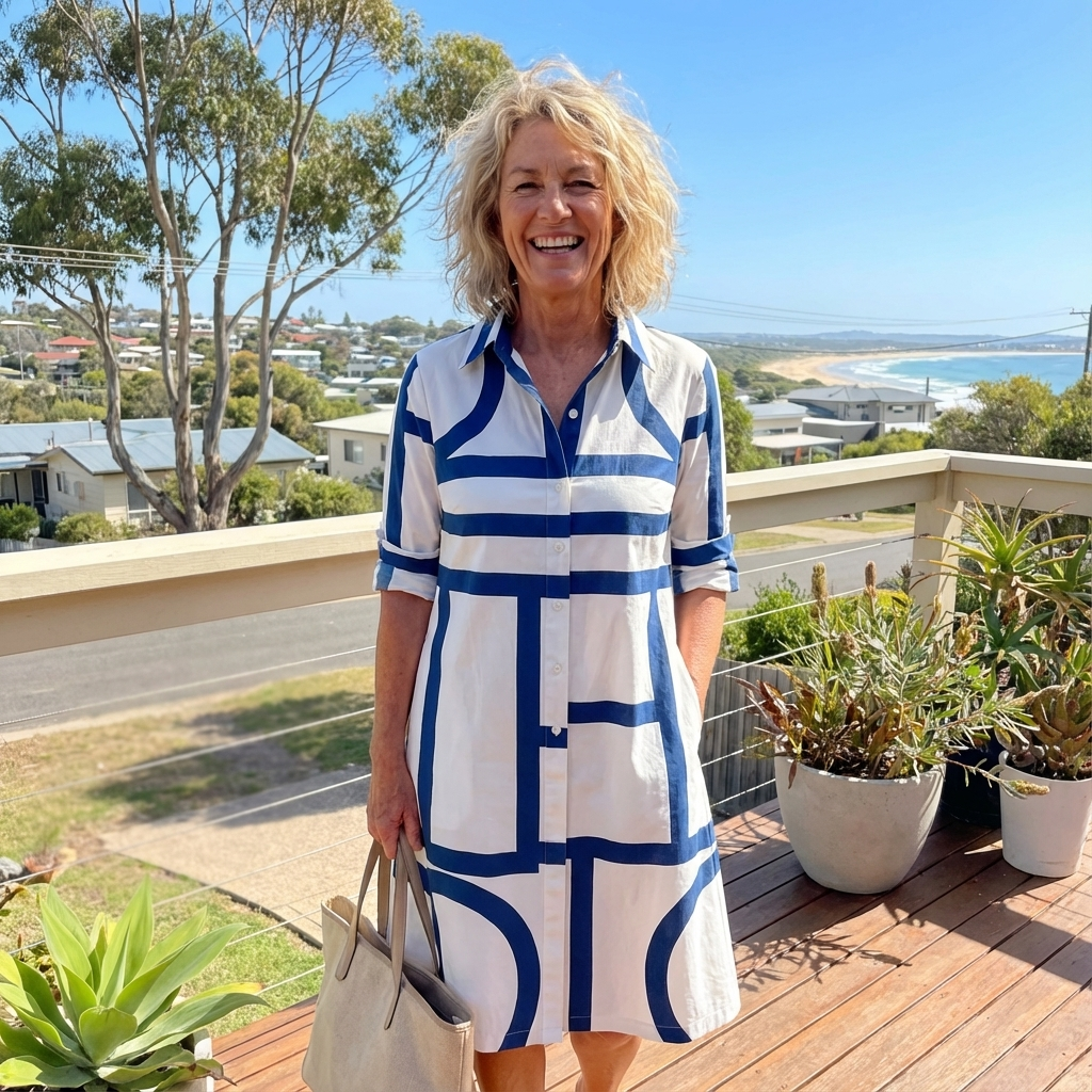 Modern geometric print midi dress for women, featuring an elegant A-line silhouette and sophisticated shirt collar.