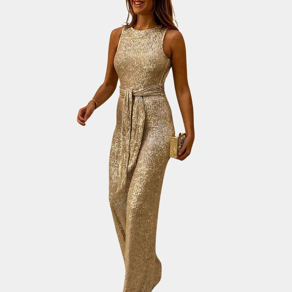 Shimmering women's elegant jumpsuit, a stylish and glamorous outfit for any festive party or formal occasion.