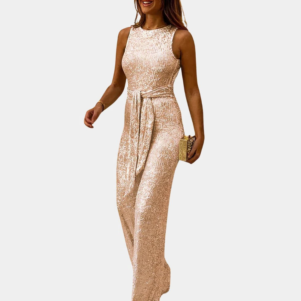 Dazzling women's glitter party jumpsuit, perfect as a wedding guest outfit or elegant evening wear. Formal style.