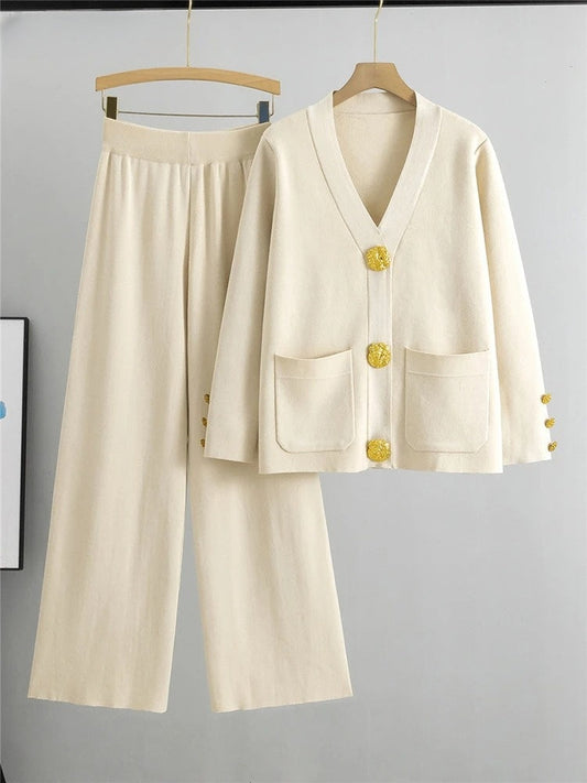 Elegant women's gold trim two-piece outfit: chic cardigan & wide leg pants set, perfect for day to night.