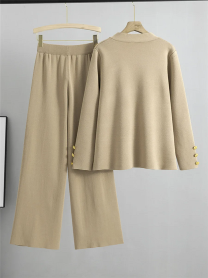 Champagne gold trim women's two-piece set, an elegant cardigan & wide leg pants matching outfit. Chic & versatile.