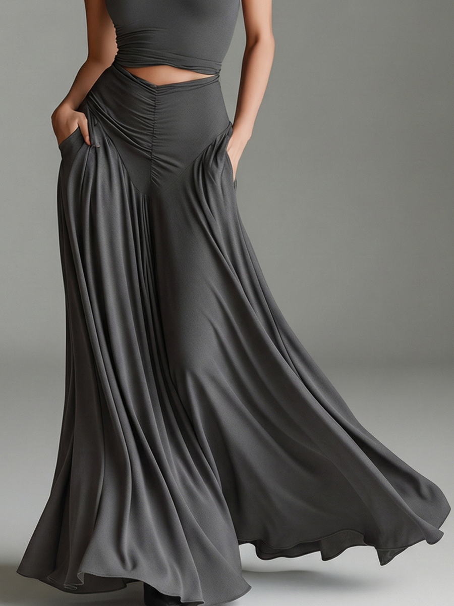 Women's formal gray maxi dress, elegant cocktail or evening wear with a modern turtleneck halter and waist cutouts.