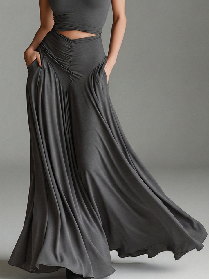 Women's formal gray maxi dress, elegant cocktail or evening wear with a modern turtleneck halter and waist cutouts.