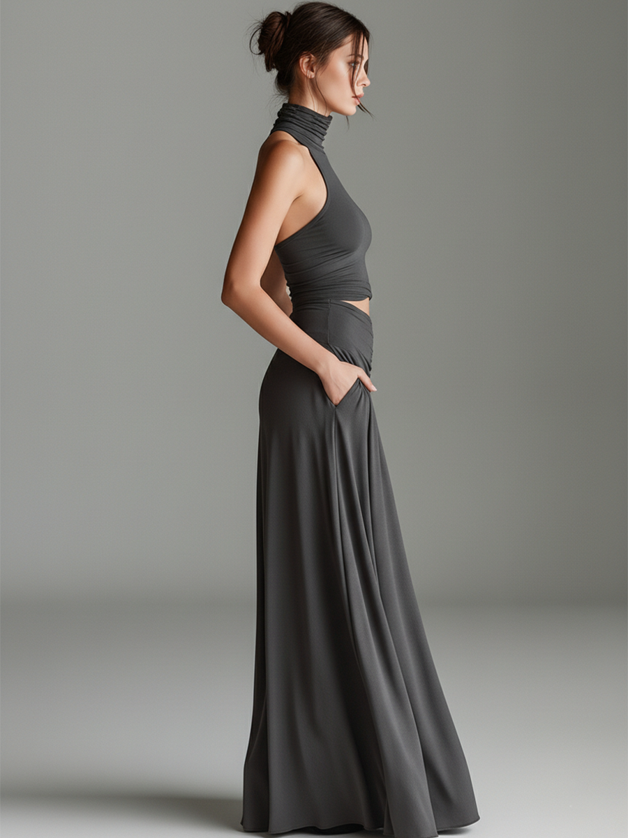 Sleek gray maxi dress for women, with a high turtleneck halter neckline and stylish cutout waist detail.